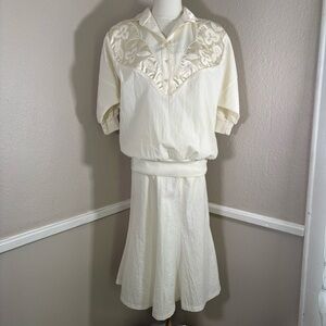 Regal 80s Vintage 2pc Set Yolked Blouse Skirt Size Medium Embroidered Ivory